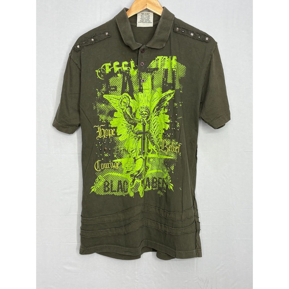 Feel the Faith Hope Courage Polo Shirt Mens Green Beaded XL Vintage Blac Label